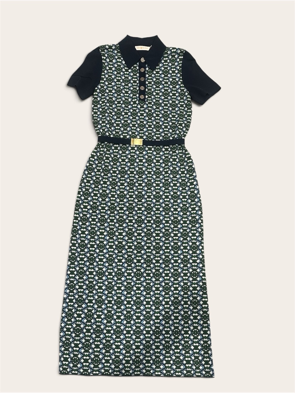 Tory Burch Classic Green Patterned Polo Midi Dress